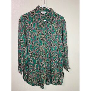 Vintage CCIF by Che-Chee 100% Silk Paisley Button Down Blouse Green Size 8